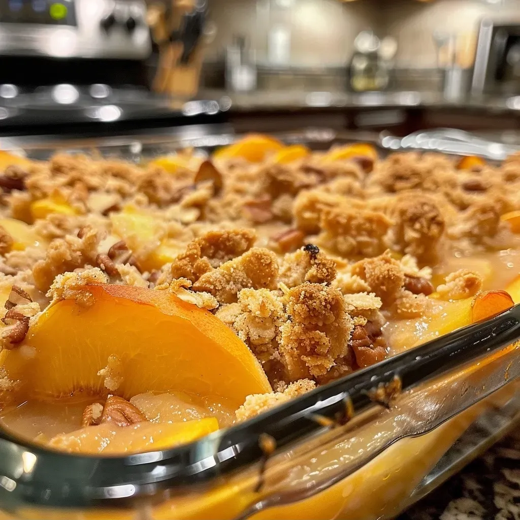 ['Close-up view of Fresh Peach Crisp topped with a golden almond flour crumble.', 'Side view of a delicious peach crisp dessert, showcasing its peach filling and crumbly top.', 'A detailed shot of Fresh Peach Crisp, highlighting juicy peaches and a crunchy almond topping.', 'Glorious close-up of a gluten-free peach crisp, emphasizing the almond flour and pecan crumble.']