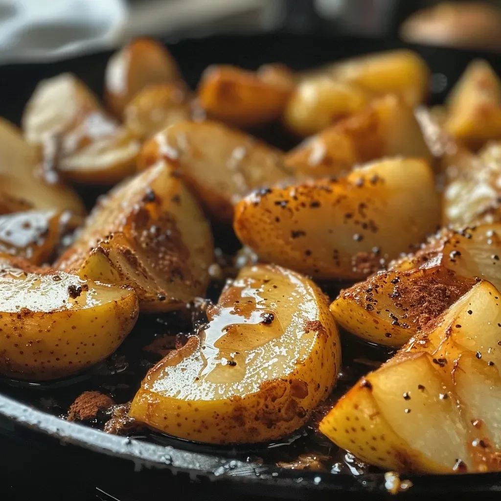 Close-up view of baked pears drizzled with cinnamon honey.