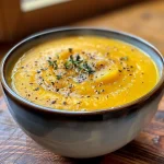 ['Close-up view of a bowl of creamy roasted butternut squash soup garnished with apple pieces.', 'Side angle of a bowl filled with vibrant golden butternut squash soup, featuring apple chunks and herbs.', 'Textured close-up of a warm bowl of butternut squash soup with visible pieces of apple and spices.', 'Appetizing shot of a creamy butternut squash soup with apple, served in a rustic bowl.']