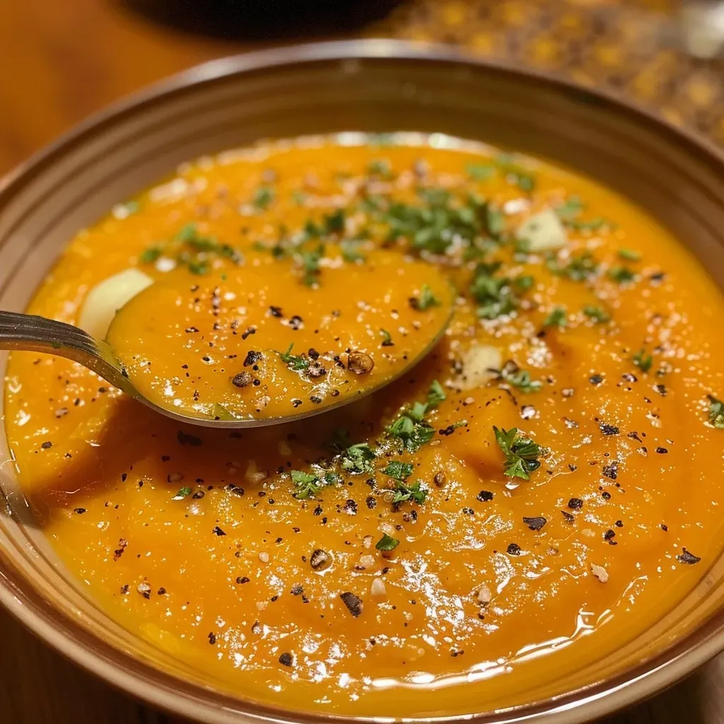 ['Close-up view of a bowl of creamy roasted butternut squash soup garnished with apple pieces.', 'Side angle of a bowl filled with vibrant golden butternut squash soup, featuring apple chunks and herbs.', 'Textured close-up of a warm bowl of butternut squash soup with visible pieces of apple and spices.', 'Appetizing shot of a creamy butternut squash soup with apple, served in a rustic bowl.']