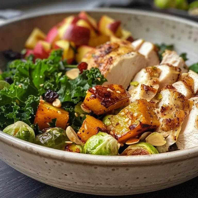 ['Close-up view of a roasted harvest bowl featuring chicken, butternut squash, and brussels sprouts.', 'Side view of a vibrant harvest bowl filled with roasted vegetables and garnished with goat cheese and cranberries.', 'Delicious roasted harvest bowl showcasing slices of chicken, colorful veggies, and toppings in a rustic dish.', 'A visually appealing harvest bowl filled with roasted ingredients, featuring a mix of textures and colors.']