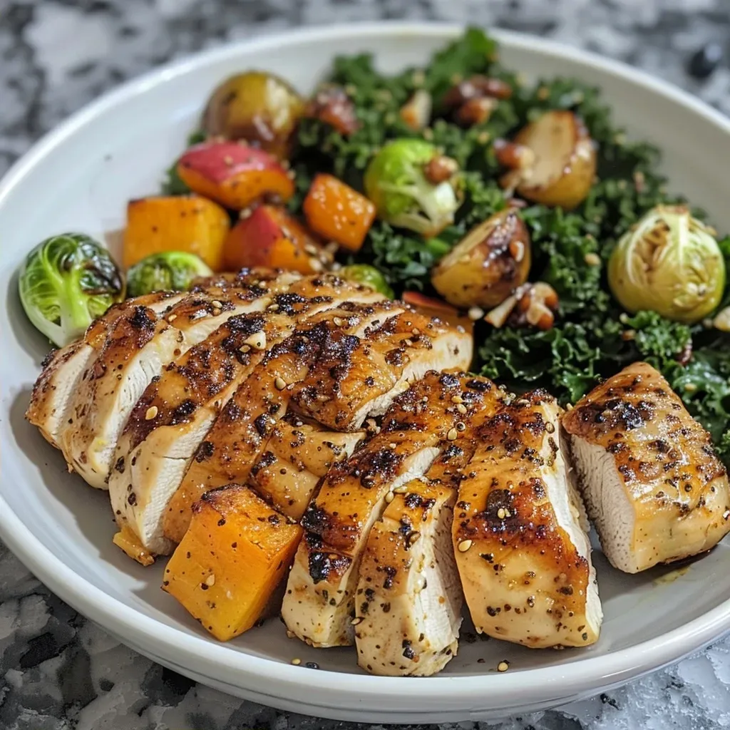 ['Close-up view of a roasted harvest bowl featuring chicken, butternut squash, and brussels sprouts.', 'Side view of a vibrant harvest bowl filled with roasted vegetables and garnished with goat cheese and cranberries.', 'Delicious roasted harvest bowl showcasing slices of chicken, colorful veggies, and toppings in a rustic dish.', 'A visually appealing harvest bowl filled with roasted ingredients, featuring a mix of textures and colors.']