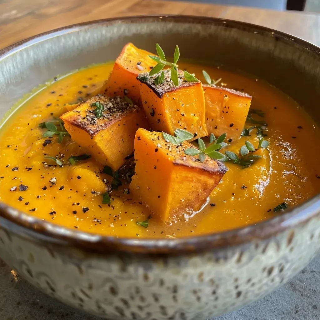 A creamy bowl of roasted sweet potato soup garnished with herbs.