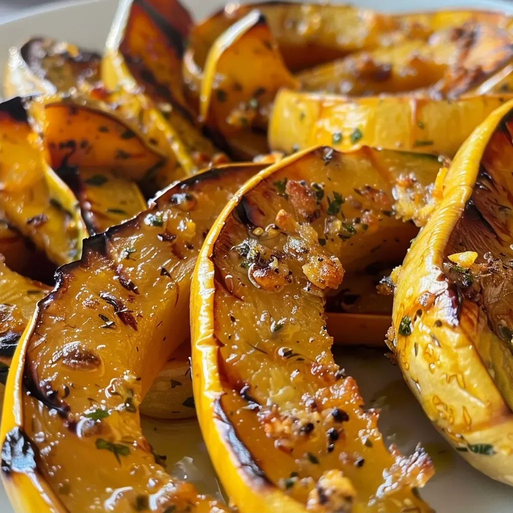 ['Close-up view of roasted Delicata squash, showcasing its golden-brown skin and tender interior.', 'Side view photo of juicy roasted Delicata squash with a crispy exterior, highlighting its texture.', 'Detailed shot of a slice of roasted Delicata squash, emphasizing caramelization and vibrant color.', 'Close-up image displaying the glistening surface of roasted Delicata squash, garnished with seasonings.']
