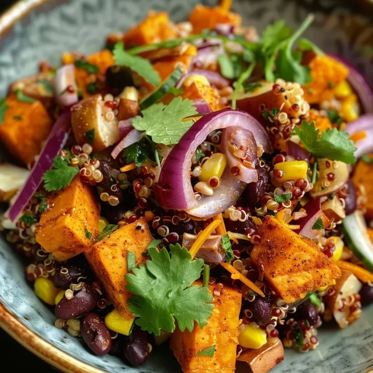 ['Close-up view of a colorful roasted sweet potato, black bean, and quinoa salad in a bowl.', 'Bright and vibrant roasted sweet potato and black bean salad, topped with fresh ingredients.', 'Flavorful quinoa salad featuring roasted sweet potatoes and black beans, presented beautifully in a dish.', 'Delicious salad with roasted sweet potatoes, black beans, and quinoa, showcasing fresh vegetables and textures.']