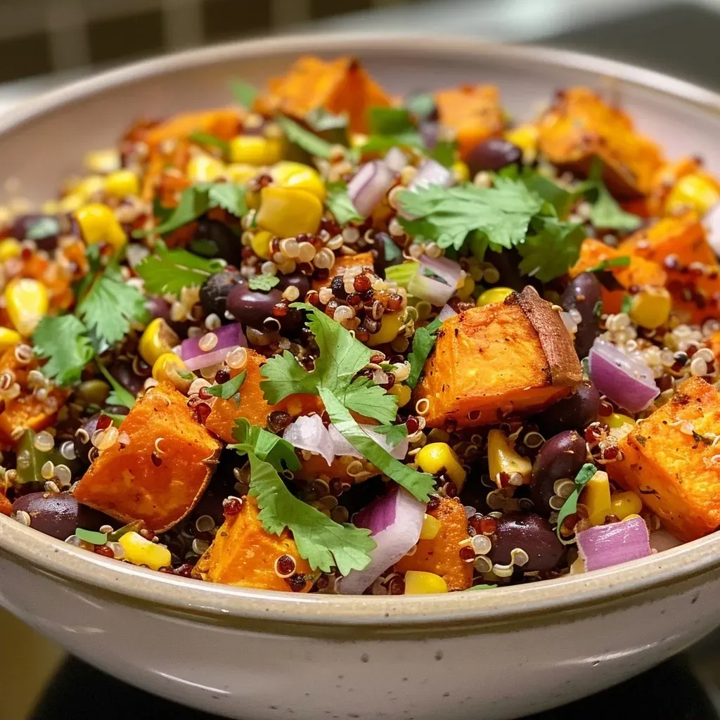 Close-up view of a colorful roasted sweet potato, black bean, and quinoa salad in a bowl.