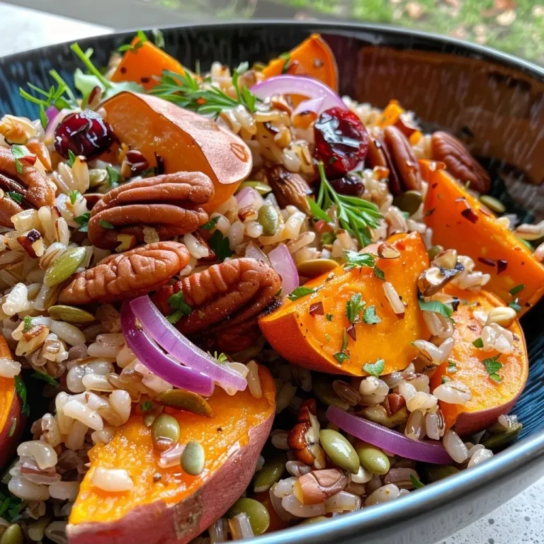['Close-up view of a roasted sweet potato brown rice salad featuring vibrant colors and textures.', 'Side view of a colorful salad with roasted sweet potatoes, brown rice, nuts, and cranberries in a bowl.', 'Detailed shot of a brown rice salad mixed with roasted sweet potatoes, pecans, and garnishes.', 'A visually appealing salad showcasing roasted sweet potatoes, brown rice, and various toppings.']