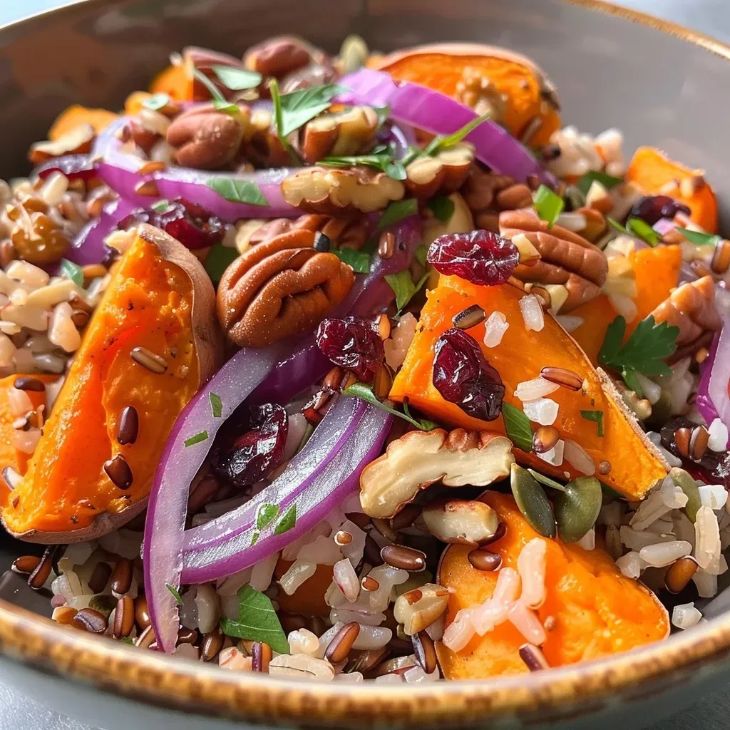 ['Close-up view of a roasted sweet potato brown rice salad featuring vibrant colors and textures.', 'Side view of a colorful salad with roasted sweet potatoes, brown rice, nuts, and cranberries in a bowl.', 'Detailed shot of a brown rice salad mixed with roasted sweet potatoes, pecans, and garnishes.', 'A visually appealing salad showcasing roasted sweet potatoes, brown rice, and various toppings.']