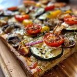 ['Close-up view of roasted vegetable flatbread topped with melted cheese and fresh basil.', 'Side angle photo of a delicious flatbread featuring colorful roasted vegetables and cheese.', 'Juicy roasted vegetable flatbread showcasing layers of ricotta, Parmesan, and fresh herbs.', 'Detailed shot of a golden-brown flatbread topped with portobello mushrooms and sundried tomatoes.']