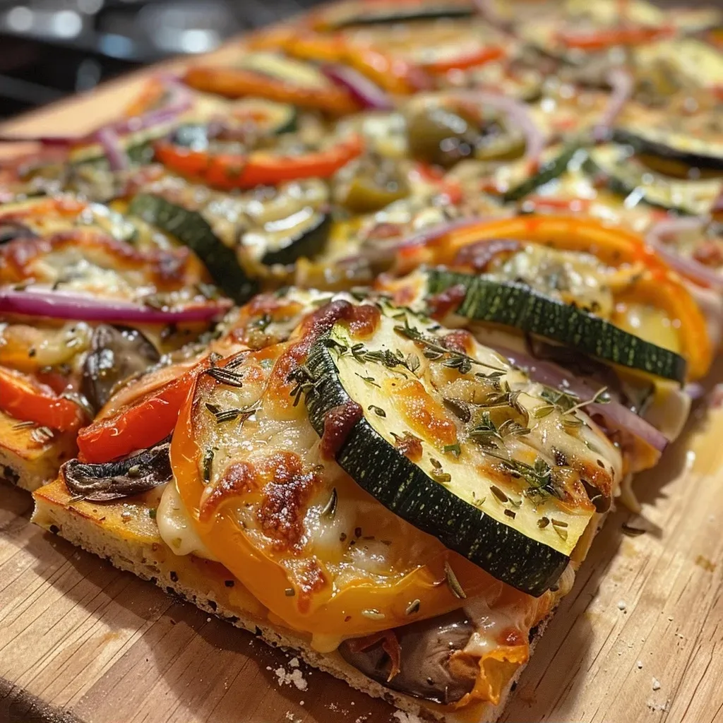 Close-up view of roasted vegetable flatbread topped with melted cheese and fresh basil.