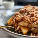 ['Close-up shot of healthy apple crumble bars with a golden-brown crust and visible apple chunks.', 'Side view of apple crumble bars, showcasing their layered texture and crumbly topping.', 'Delicious apple crumble bars with a crispy top and juicy apple filling, displayed on a white plate.', 'A tempting close-up of apple crumble bars, highlighting the oats and cinnamon on the surface.']