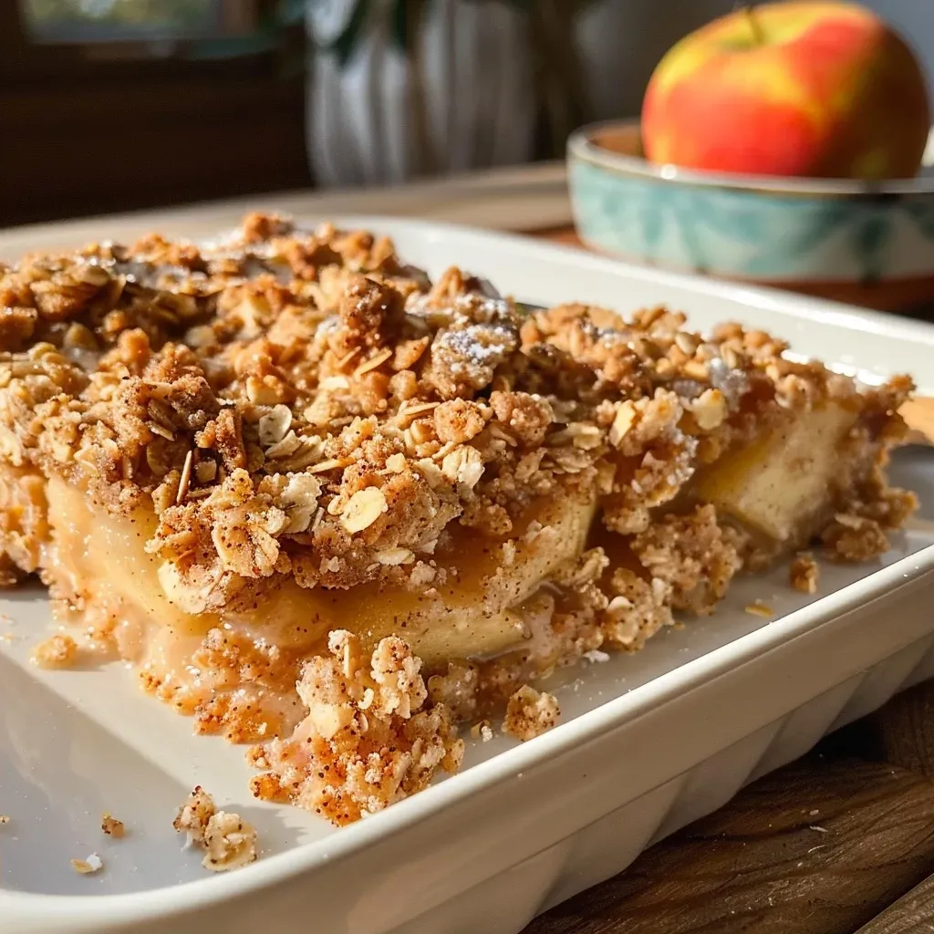 ['Close-up shot of healthy apple crumble bars with a golden-brown crust and visible apple chunks.', 'Side view of apple crumble bars, showcasing their layered texture and crumbly topping.', 'Delicious apple crumble bars with a crispy top and juicy apple filling, displayed on a white plate.', 'A tempting close-up of apple crumble bars, highlighting the oats and cinnamon on the surface.']