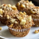 ['Close-up of healthy apple cinnamon oat muffins with a golden-brown top.', 'Side view of freshly baked apple cinnamon oat muffins showcasing their texture.', 'Juicy, moist apple cinnamon muffins ready to be served, highlighting diced apple pieces.', 'A detailed shot of healthy cinnamon oat muffins emphasizing the apple filling.']