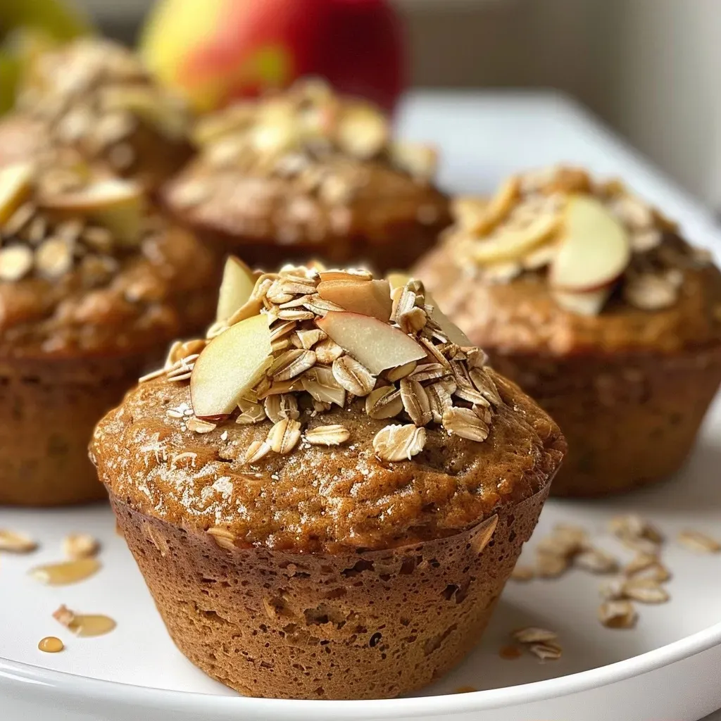 ['Close-up of healthy apple cinnamon oat muffins with a golden-brown top.', 'Side view of freshly baked apple cinnamon oat muffins showcasing their texture.', 'Juicy, moist apple cinnamon muffins ready to be served, highlighting diced apple pieces.', 'A detailed shot of healthy cinnamon oat muffins emphasizing the apple filling.']