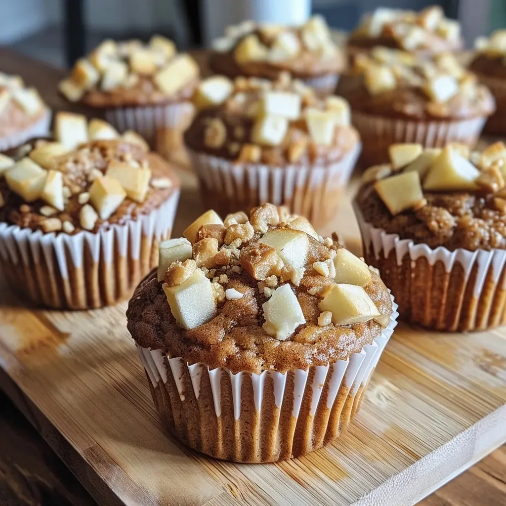 Close-up view of golden brown apple cinnamon muffins with a fluffy texture.