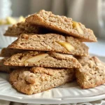 ['Close-up side view of healthy apple pie scones showcasing a flaky texture.', 'Delicious apple pie scones with golden crust and visible apple chunks.', 'Healthy scones made with whole wheat flour, featuring a warm, inviting appearance.', 'Freshly baked apple pie scones with a sprinkle of cinnamon on top.']
