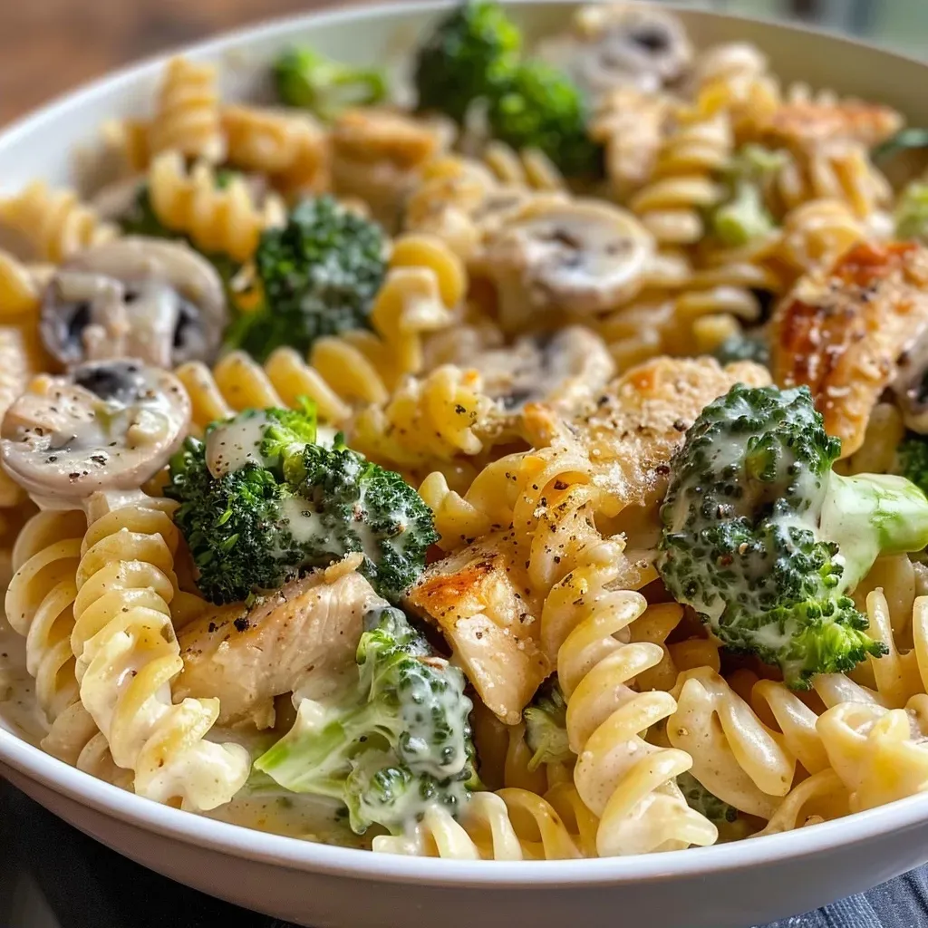 Close-up of a broccoli chicken casserole with creamy cheese and visible pasta.
