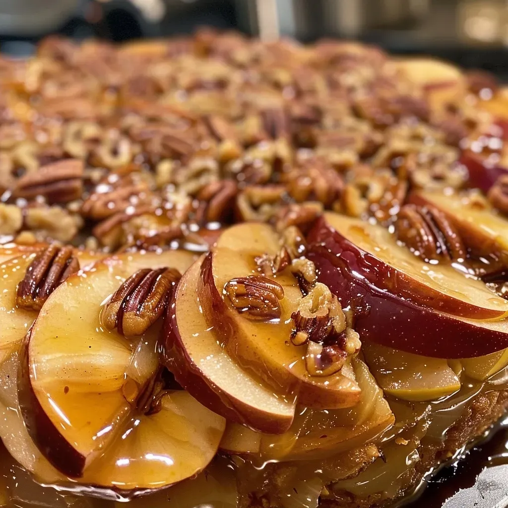 ['Close-up view of baked apples filled with nuts and spices.', 'Juicy stuffed baked apples with a golden glaze and pecans.', 'Side view of healthy baked apples topped with melted butter and cinnamon.', 'Freshly baked apples with a rich filling displayed on a wooden table.']