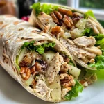 ['Close-up of a chicken apple salad wrap with visible diced apples and greens.', 'Side view of healthy chicken apple salad wrap showcasing vibrant ingredients.', 'Juicy chicken apple salad wrap held in a hand, emphasizing the fresh filling.', 'Tortilla wrap filled with chicken, apples, celery, and walnuts, ready to eat.']