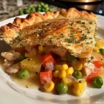 ['Close-up of a healthy chicken pot pie with golden crust and colorful filling.', 'Side view of a juicy chicken pot pie showcasing its flaky pastry and mixed vegetables.', 'Detailed view of a wholesome chicken pot pie filled with carrots, peas, and chicken.', 'Delicious slice of chicken pot pie revealing a hearty, savory interior.']
