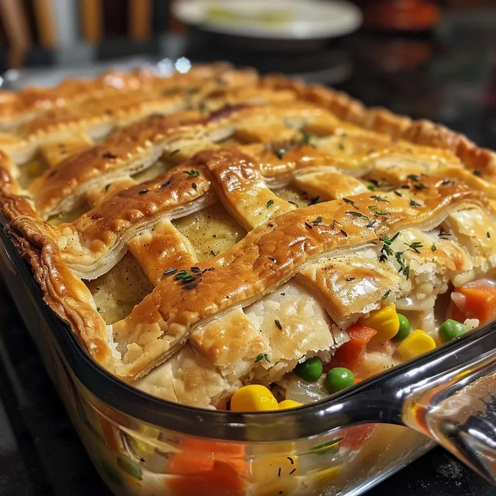 ['Close-up of a healthy chicken pot pie with golden crust and colorful filling.', 'Side view of a juicy chicken pot pie showcasing its flaky pastry and mixed vegetables.', 'Detailed view of a wholesome chicken pot pie filled with carrots, peas, and chicken.', 'Delicious slice of chicken pot pie revealing a hearty, savory interior.']