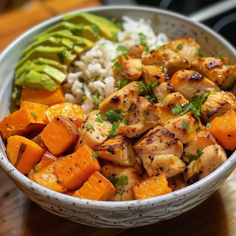['Close-up of a healthy chicken and sweet potato rice bowl with vibrant colors.', 'Juicy chicken breast pieces, cubed sweet potatoes, and brown rice in a bowl.', 'Side view of a nutritious rice bowl featuring colorful ingredients and fresh garnishes.', 'Appetizing presentation of a chicken and sweet potato rice bowl on a rustic table.']