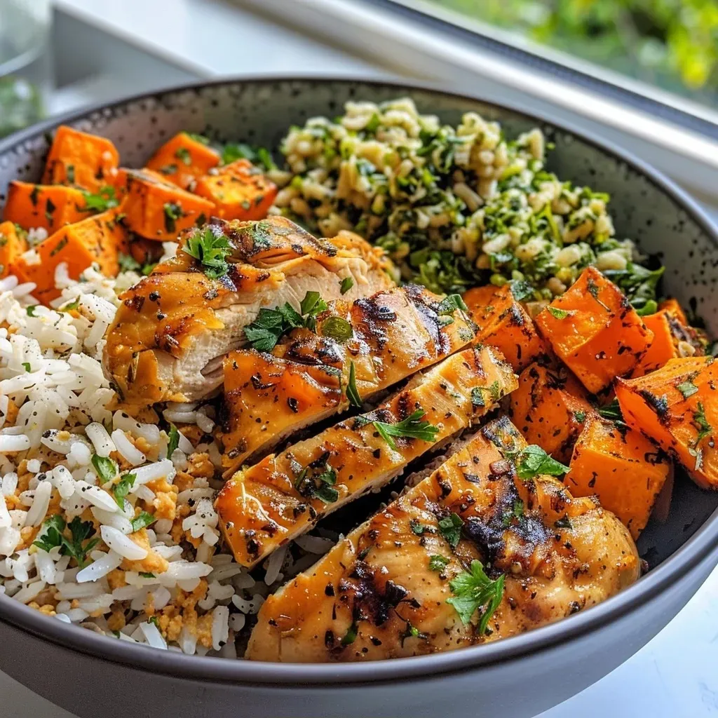 Close-up of a healthy chicken and sweet potato rice bowl with vibrant colors.