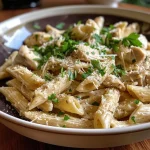 ['A close-up view of a creamy garlic parmesan chicken pasta with vibrant spinach.', 'Juicy pieces of chicken and whole wheat pasta in a creamy garlic sauce, garnished with parsley.', 'A delicious plate of garlic parmesan chicken pasta featuring baby spinach and fresh parmesan.', 'Side view of a hearty pasta dish with chicken, garlic, and a rich creamy sauce.']