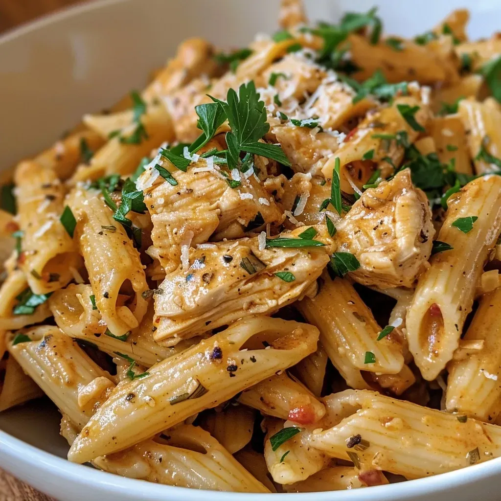 A close-up view of a creamy garlic parmesan chicken pasta with vibrant spinach.