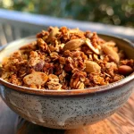 ['Close-up of healthy pumpkin spice granola in a bowl with a rustic background.', 'Side view of a nutritious granola mix featuring pumpkin and spices.', 'Textured granola with visible pumpkin puree and oats displayed in a bowl.', 'Vibrant pumpkin spice granola showcasing ingredients like oats and brown rice.']