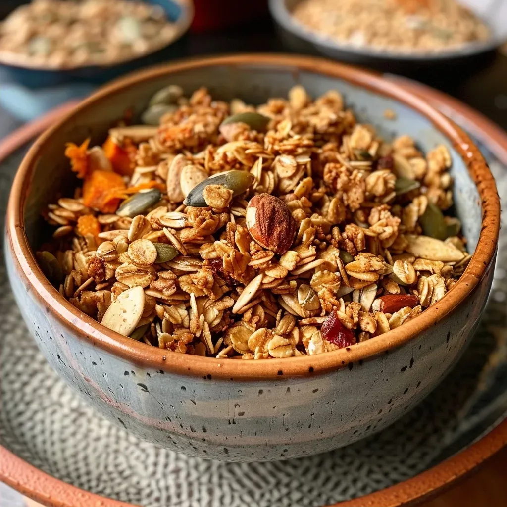 ['Close-up of healthy pumpkin spice granola in a bowl with a rustic background.', 'Side view of a nutritious granola mix featuring pumpkin and spices.', 'Textured granola with visible pumpkin puree and oats displayed in a bowl.', 'Vibrant pumpkin spice granola showcasing ingredients like oats and brown rice.']