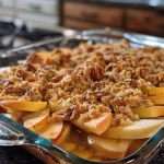 ['Close-up view of a healthy apple crisp with a golden oat topping and apple slices.', 'Side view of a delicious, baked apple crisp featuring apples and crunchy pecans.', 'Juicy apple crisp showcasing a crumbly oat topping and glistening maple syrup.', 'Close-up of a warm apple crisp with a rich texture, garnished with pecans and cinnamon.']