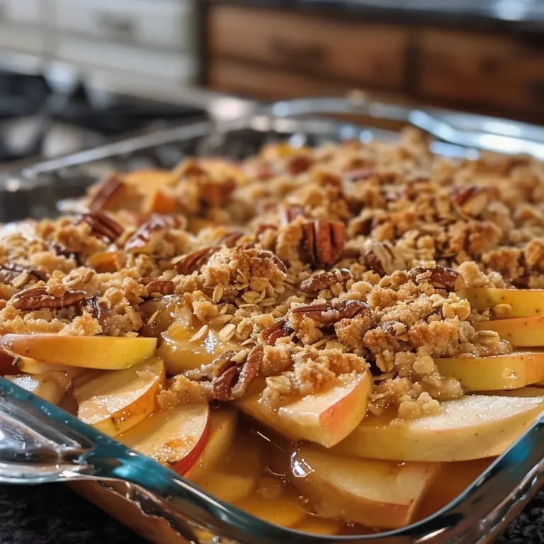 ['Close-up view of a healthy apple crisp with a golden oat topping and apple slices.', 'Side view of a delicious, baked apple crisp featuring apples and crunchy pecans.', 'Juicy apple crisp showcasing a crumbly oat topping and glistening maple syrup.', 'Close-up of a warm apple crisp with a rich texture, garnished with pecans and cinnamon.']