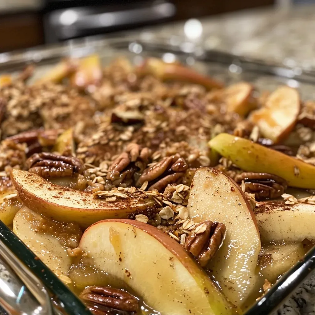 ['Close-up view of a healthy apple crisp with a golden oat topping and apple slices.', 'Side view of a delicious, baked apple crisp featuring apples and crunchy pecans.', 'Juicy apple crisp showcasing a crumbly oat topping and glistening maple syrup.', 'Close-up of a warm apple crisp with a rich texture, garnished with pecans and cinnamon.']