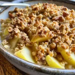 ['Close-up of a healthy apple crumble with walnuts in a rustic dish.', 'Side view of delicious apple crumble topped with walnut pieces and oats.', 'Freshly baked apple crumble featuring chunks of apples and a golden crust.', 'Juicy apple crumble with walnuts, served in a white dessert bowl.']