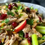 ['A close-up view of a healthy chicken salad featuring diced chicken, chopped celery, apple pieces, and cranberries in a bowl.', 'A vibrant chicken salad with green celery, red apples, and dried cranberries, displayed beautifully in a side view.', 'An appetizing close-up photo of chicken salad, highlighting the mix of ingredients including chicken, apples, and cranberries.', 'A detailed side view of a colorful chicken salad, showcasing its fresh ingredients like chicken, apples, and herbs.']