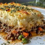 ["Close-up view of a healthy shepherd's pie with a creamy top and colorful vegetable filling.", "Side angle of a golden-brown shepherd's pie, showcasing layers of meat and vegetables beneath a smooth potato topping.", "Delicious shepherd's pie with a richly textured crust made from russet potatoes and cauliflower, surrounded by fresh ingredients.", "Juicy shepherd's pie displayed on a plate, highlighting its hearty filling of ground beef, mushrooms, and peas."]