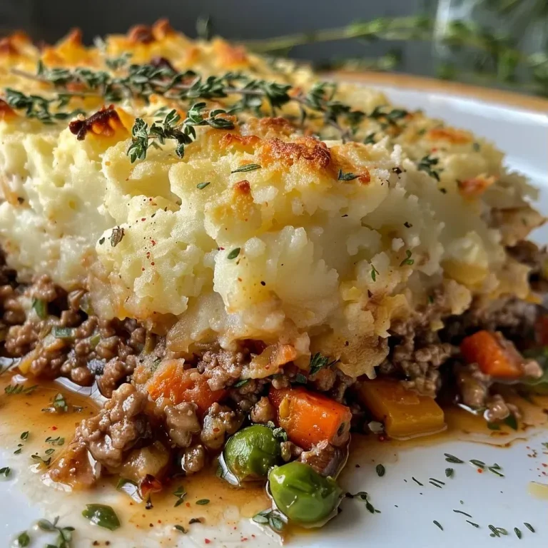 ["Close-up view of a healthy shepherd's pie with a creamy top and colorful vegetable filling.", "Side angle of a golden-brown shepherd's pie, showcasing layers of meat and vegetables beneath a smooth potato topping.", "Delicious shepherd's pie with a richly textured crust made from russet potatoes and cauliflower, surrounded by fresh ingredients.", "Juicy shepherd's pie displayed on a plate, highlighting its hearty filling of ground beef, mushrooms, and peas."]