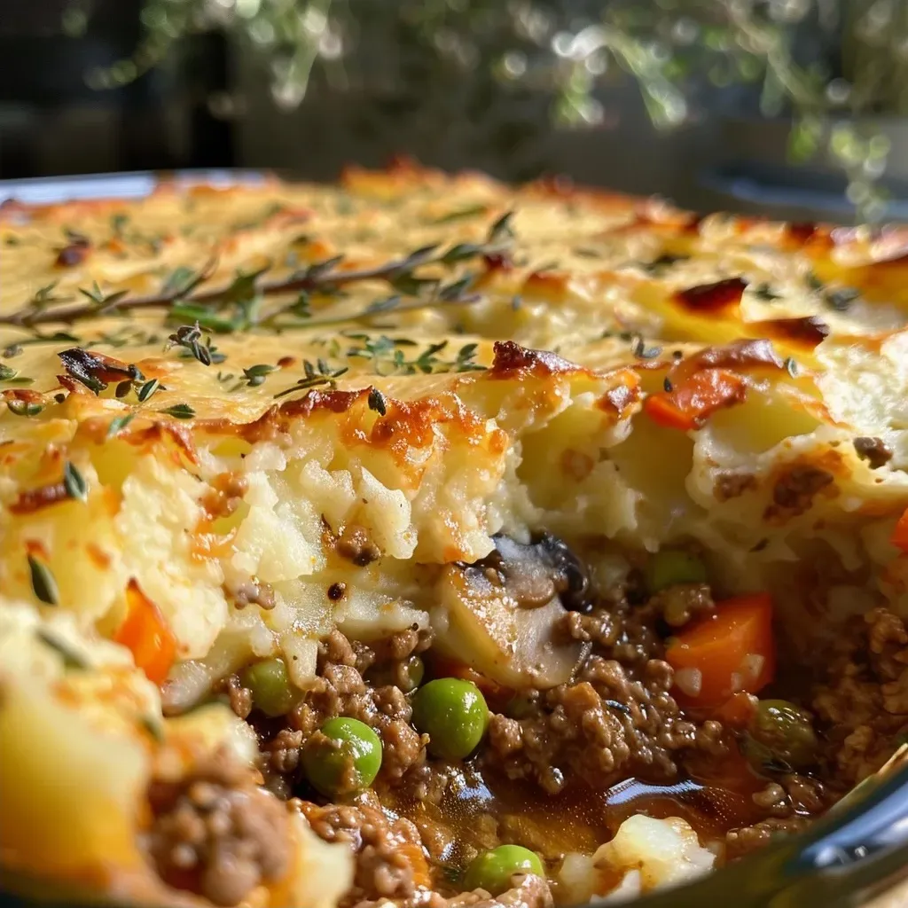 A and angle beef, beneath by cauliflower, close-up colorful creamy crust displayed filling fresh from golden-brown ground healthy hearty highlighting its layers made meat mushrooms, of on pie pie, plate, potato potatoes richly russet shepherd's showcasing smooth surrounded textured top vegetable vegetables view with