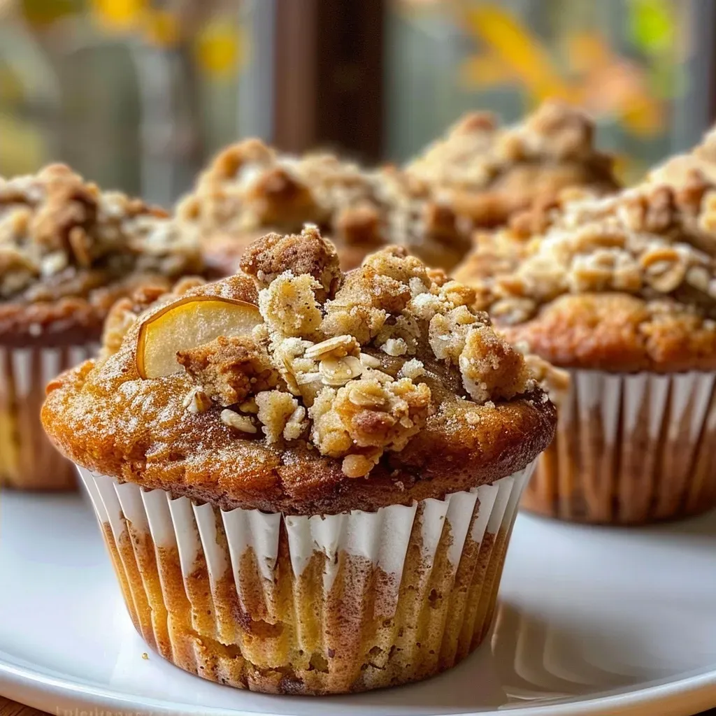 ['Close-up side view of spiced pear crumble muffins, showcasing a crispy topping and golden-brown sides.', 'Juicy Gewürz Pflaumen crumble muffins with visible pear chunks and a crumbly texture, photographed from the side.', 'Delicious high altitude muffins featuring a crumble topping and rich spices, captured in a detailed side view.', 'Side view of freshly baked pear crumble muffins, highlighting the golden crust and soft interior.']