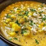 ['Close-up view of a bowl of golden summer squash and corn soup garnished with fresh thyme and crumbled feta cheese.', 'Side profile of a creamy soup featuring summer squash, corn, and herbs, served in a rustic bowl.', 'Detailed image of golden squash soup, showcasing vibrant ingredients like corn and thyme, with feta sprinkled on top.', 'Appetizing shot of summer squash soup, highlighting the luscious texture and colorful toppings.']