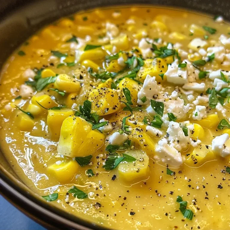 ['Close-up view of a bowl of golden summer squash and corn soup garnished with fresh thyme and crumbled feta cheese.', 'Side profile of a creamy soup featuring summer squash, corn, and herbs, served in a rustic bowl.', 'Detailed image of golden squash soup, showcasing vibrant ingredients like corn and thyme, with feta sprinkled on top.', 'Appetizing shot of summer squash soup, highlighting the luscious texture and colorful toppings.']