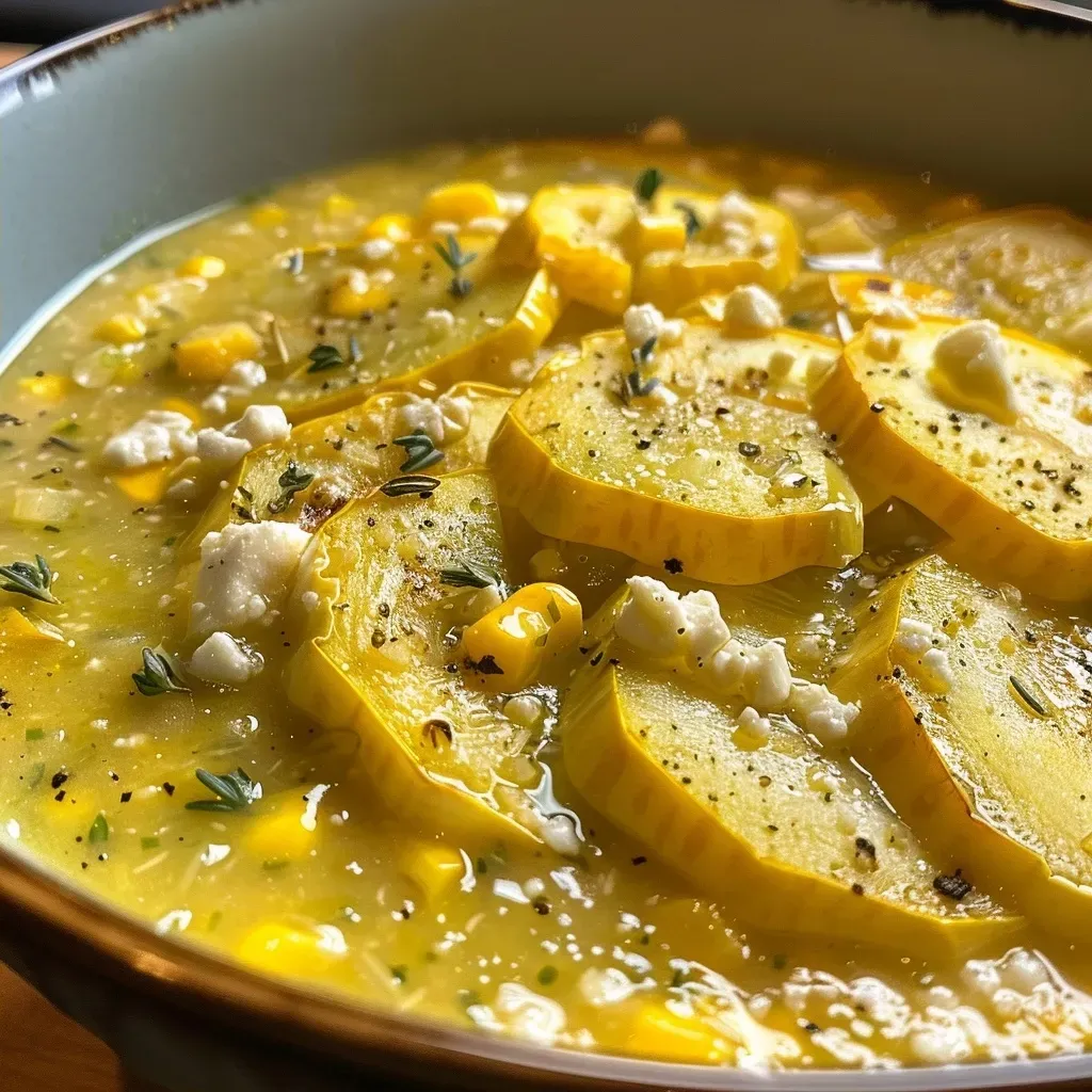 ['Close-up view of a bowl of golden summer squash and corn soup garnished with fresh thyme and crumbled feta cheese.', 'Side profile of a creamy soup featuring summer squash, corn, and herbs, served in a rustic bowl.', 'Detailed image of golden squash soup, showcasing vibrant ingredients like corn and thyme, with feta sprinkled on top.', 'Appetizing shot of summer squash soup, highlighting the luscious texture and colorful toppings.']