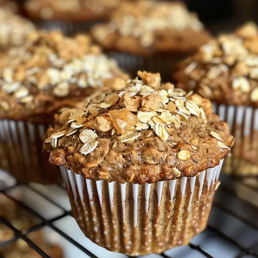 ['Close-up view of oatmeal date protein muffins with a golden brown crust and chunks of dates.', 'Side view of moist oatmeal date protein muffins showcasing their hearty texture and nutty appearance.', 'Delicious-looking protein muffins made with oats and dates, presented on a rustic table surface.', 'Freshly baked oatmeal date protein muffins, highlighting the juicy date pieces and sprinkled oats on top.']