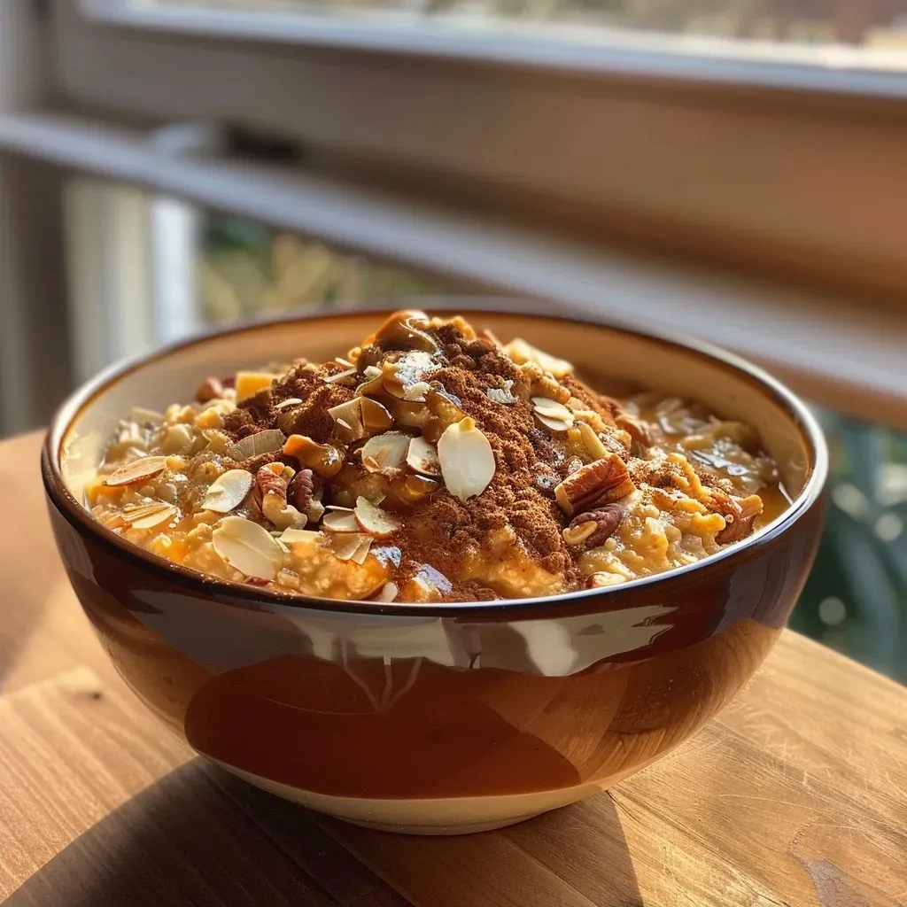 Close-up view of a bowl of oatmeal topped with almond butter and fruits.