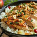 ['A close-up view of oven-baked chicken thighs served with rice pilaf, garnished with cranberries and walnuts.', 'Juicy chicken thighs alongside fluffy rice pilaf mixed with diced apples, cranberries, and walnuts.', 'A side view of baked chicken with a colorful rice pilaf, featuring textures of fruit and nuts.', 'Tender chicken served with a vibrant pilaf of rice, apple, cranberries, and walnuts.']