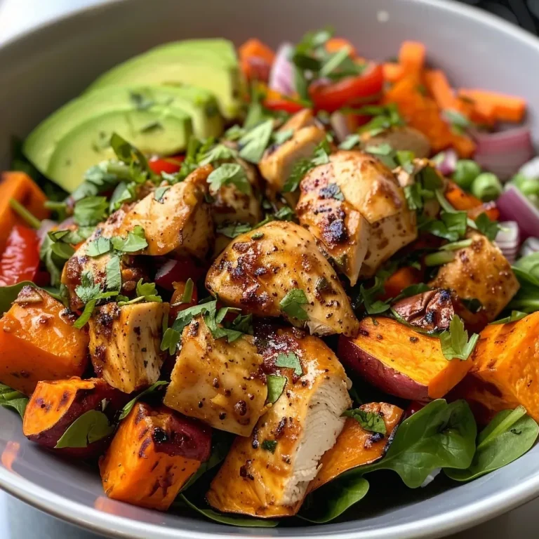 ['A colorful bowl featuring chicken pieces, sweet potatoes, and fresh vegetables.', 'Close-up view of a chicken and sweet potato bowl topped with avocado slices.', 'A side view of a nutritious chicken bowl filled with vibrant vegetables and seasonings.', 'Juicy chicken and sweet potato bowl garnished with spinach and lime dressing.']