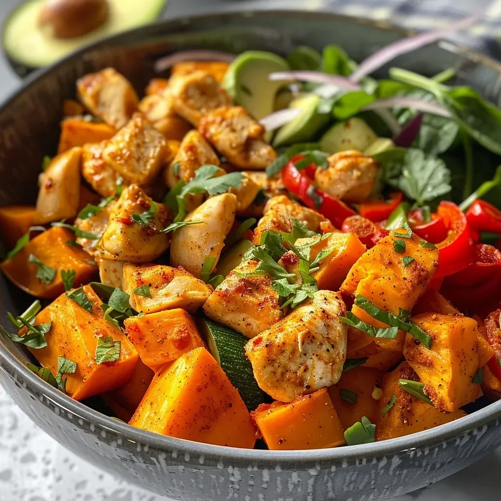 A colorful bowl featuring chicken pieces, sweet potatoes, and fresh vegetables.