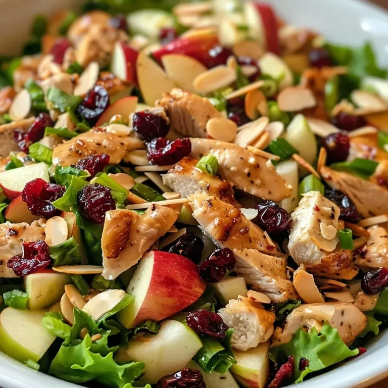 ['Close-up of a colorful chicken salad with apples, almonds, and cranberries.', 'Side view of a mixed chicken salad featuring diced apples and green onions.', 'Juicy chicken salad arranged with sliced apples and a scattering of dried cranberries.', 'Freshly prepared chicken salad with visible chunks of apple and almonds.']
