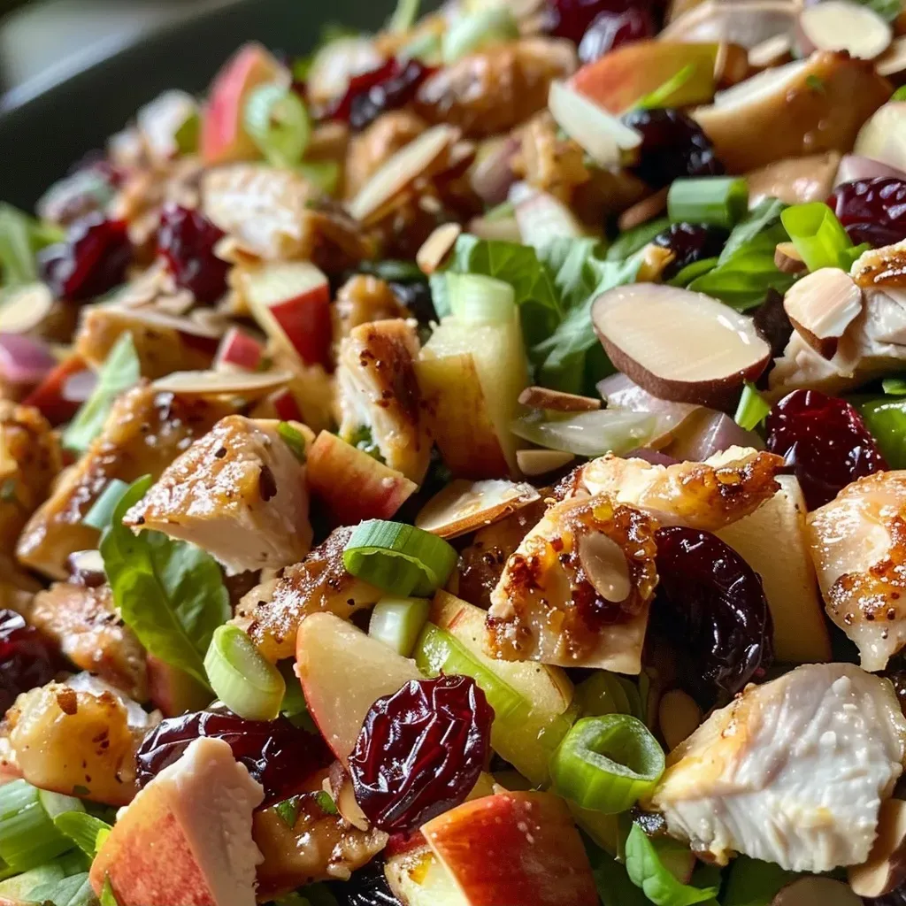 Close-up of a colorful chicken salad with apples, almonds, and cranberries.